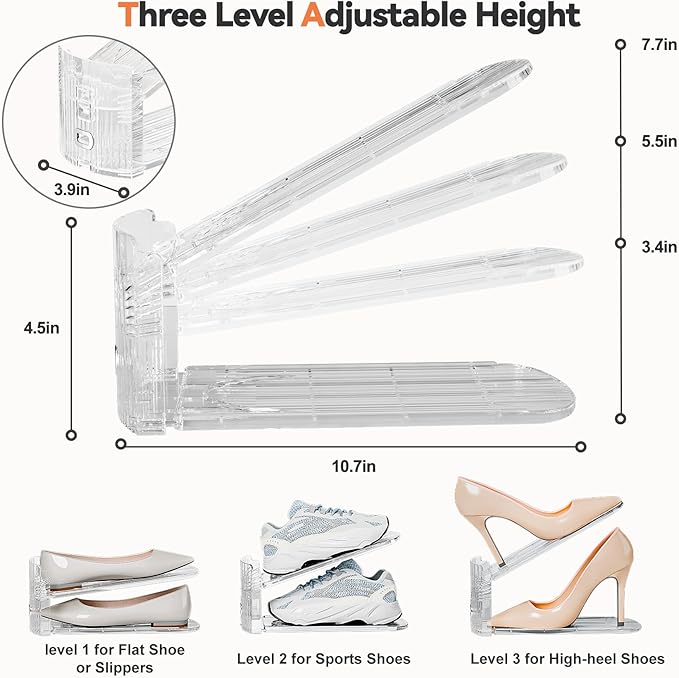 Neprock Shoe Slots Organizer for Closet,12 Pack Acrylic Shoe Stackers for A Pair of Shoes,3 Levels Adjustable Shoe Rack Storage Shoe Space Saver 50%(Clear,12 Pack)