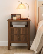 Fluted Nightstand, Farmhouse Night Stand with 2 Drawers, Mid Century Modern Side Accent Table,Bedside End Table for Bedroom, Living Room, Brown