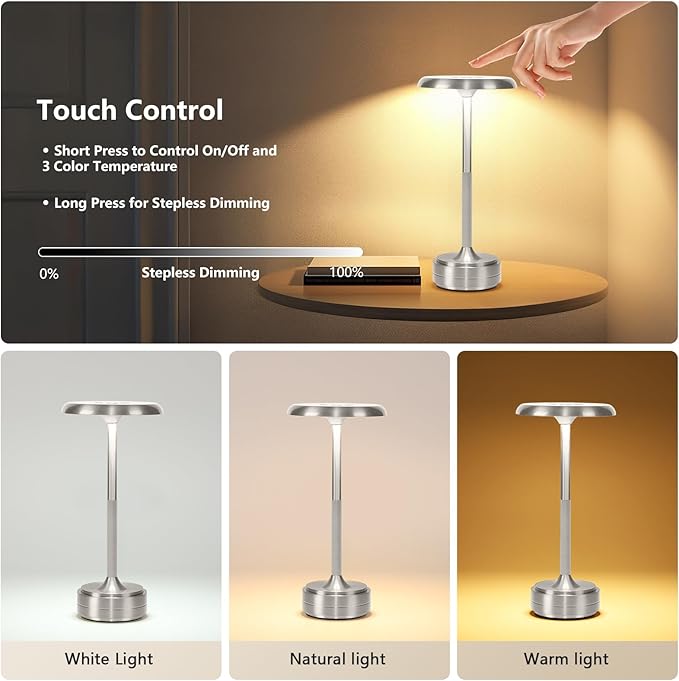 Rechargeable Cordless LED Table Lamps Touch Sensor Light, 3-Levels Portable Dimming Wireless Battery Operated Lamp，Nightstand Lamp/Night Light/Restaurant Table/Outdoor/Coffee/Bar (Silver)