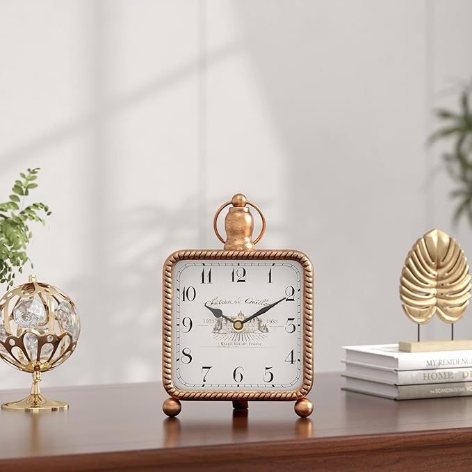 Vintage Gold Table Clock on Stand, Desk and Shelf Decor Clock, French Rustic Style Mantel Clocks for Farmhouse, Living Room, Bedroom, Bedside, Gift (8.5" H x 5.5" W)