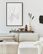 Holding Hands Wall Art Interlocking Fingers Continuous Line Drawing Love Connection 24x36 Inch Oak Wood Black Framed Modern Romance Print for Bedroom
