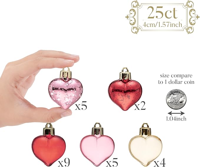 Valery Madelyn 25Pcs Valentine's Day Heart Shaped Ornaments Gift Pack, Christmas Craft Heart Decorations, Clear Transparent Red Pink Gold Christmas Baubles Hanging Party Wedding Decor