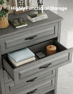 Marsail Farmhouse 5 Drawer Dresser, Wood Chest of Drawers with Natural Texture, Smooth Gliding Drawers, Versatile Storage Organizer Cabinet for Bedroom & Living Room, Grey
