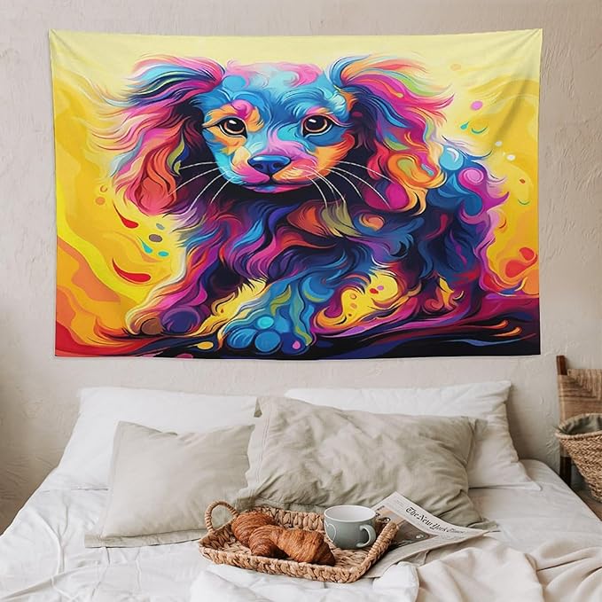 VUMIVI Colorful Cute Dog Tapestry Rainbow-Hued Oil Painting Pet-Themed Abstract Art Print Tapestry Wall Hanging for Living Room Bedroom Dorm Classroom Aesthetic Decor W90xL60in
