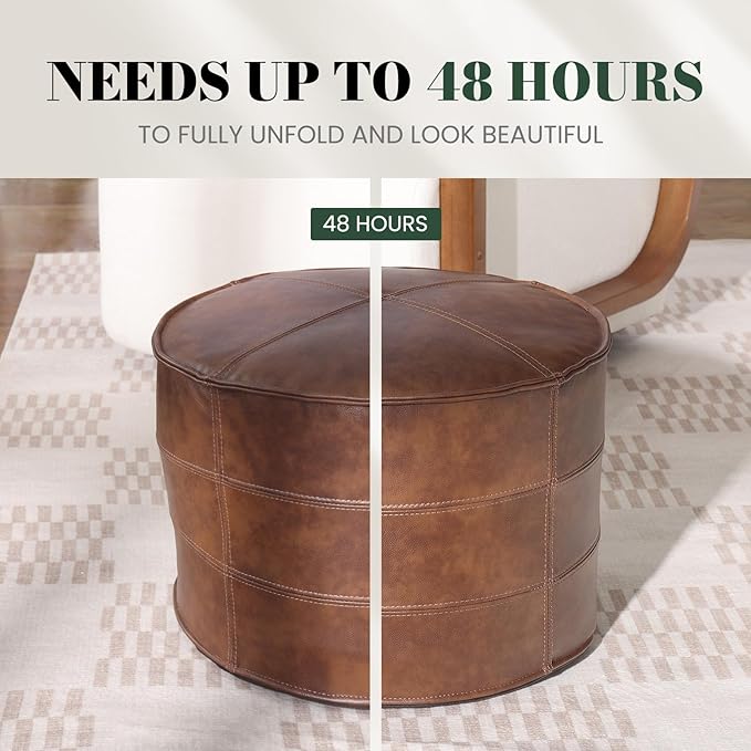 Genuine Leather Round Pouf Ottoman Footstool for Living Room, Bedroom, Indoor (Brown)