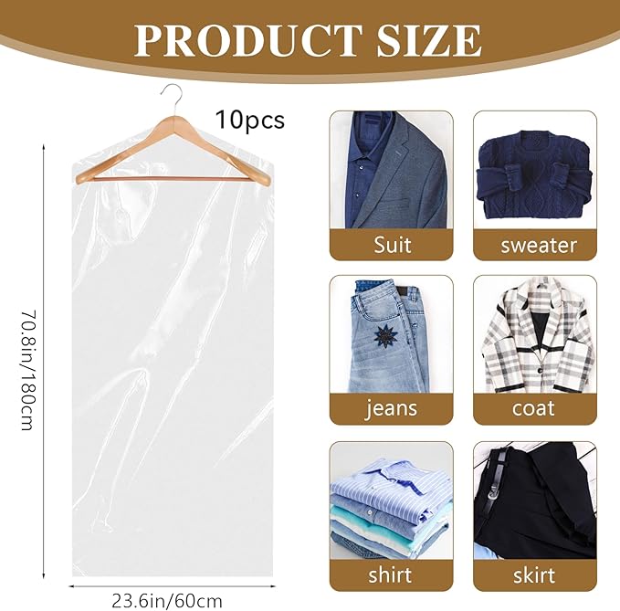 10 Pack Long Dress Covers 71 Inch Garment Bags for Hanging Clothes Plastic Suit Bags Dry Cleaning Bags Hanging Dust-proof Garment Bags for Coat Gowns Dresses