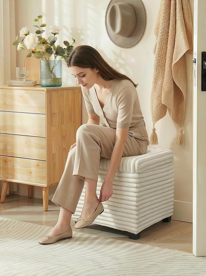 17.7 inches Faux Fur Ottomans Cube with Legs, Metal Framed Vanity Stool Chair Storage Ottoman Foot Rest Stool, Holds 770 LB for Dorm Living Room Bedroom White UASND644W