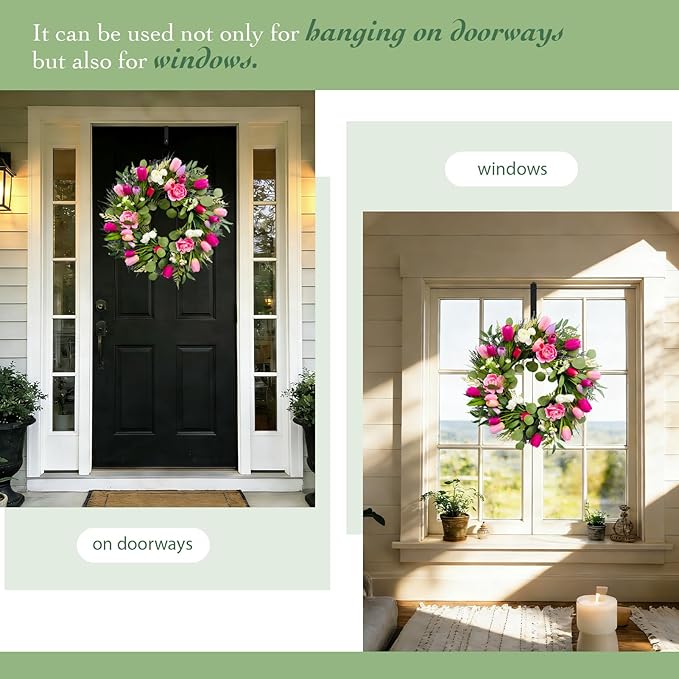 Solar Spring Wreath for Front Door 24inch 50LED Pre-lit Wreaths Spring Summer Decorations Tulips Wreath with Colorful Flowers for Outside Home Decor Festival Farmhouse Decor(2403)