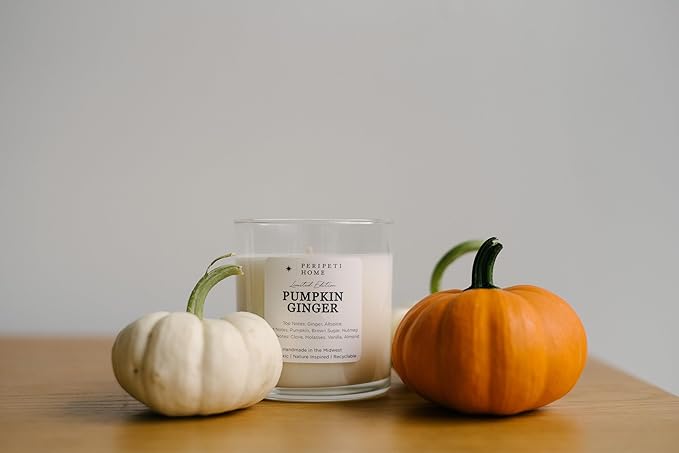 PERIPETI Home Pumpkin Ginger Scented Candle, Wooden Wick – 8.5oz Natural Soy Wax for Energizing Aromatherapy, Long-Lasting Burn with a Cozy Fall Scent