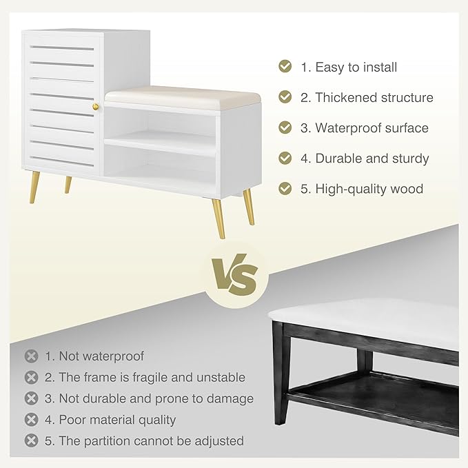 VECELO Shoe Storage Bench with Door&Shelf, Entryway Bench with Seat Cushion, for Hallway, Bedroom, Living Room, L-Shaped, White