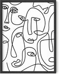 Abstract Face Pattern Wall Art Collage of Modern Faces Continuous Line Drawing 12x16 Inch Oak Wood Black Framed Artistic Aesthetic Print for Living Room
