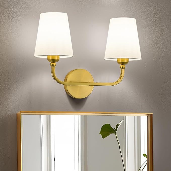 Kvhilw Bathroom Vanity Light, Brushed Gold Bathroom Light Fixtures, 2-Light Lighting Fixtures Over Miror, Modern Wall Sconce with Flared White Fabric Shade, E26 Socket(ETL Listed)