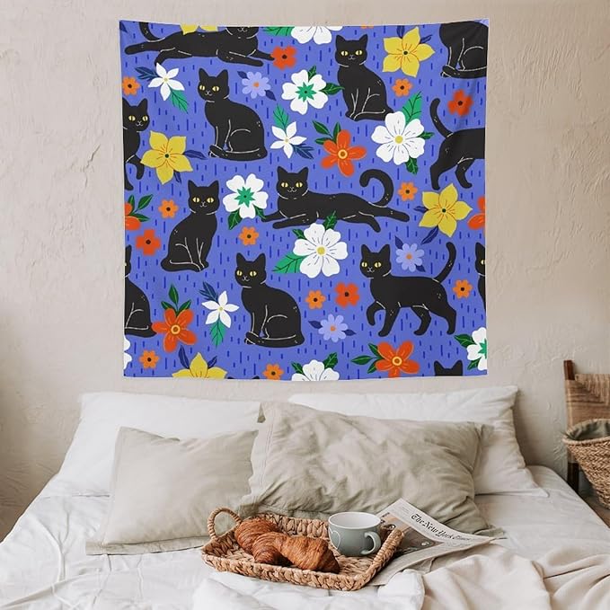 VUMIVI Black Cat Floral Tapestry Red White Hand-Painted Flowers Cute Animals Kids' Doodles Tapestry Wall Hanging for Living Room Bedroom Dorm Classroom Aesthetic Decor W60xL60in