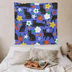 VUMIVI Black Cat Floral Tapestry Red White Hand-Painted Flowers Cute Animals Kids' Doodles Tapestry Wall Hanging for Living Room Bedroom Dorm Classroom Aesthetic Decor W60xL60in