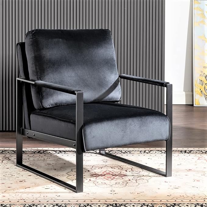 Container Furniture Classic Mid Century Modern Accent Chair with Durable Square Metal Frame, Armchair for Living Room, Bedroom, Home Office in Plush Velvet Upholstery, Black