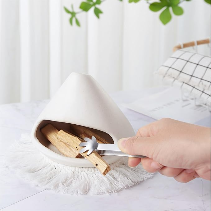 Ceramic Palo Santo Holder Burner,Incense Cone Holder,Mini Chiminea for Palo Santo Sticks and Sage Burner,with Handmade Heat Insulated Mat,Dust Brush,Metal Tweezer. (White)