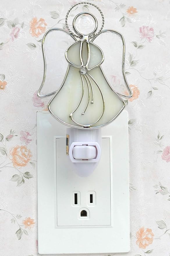 Stained Glass Angel Night Light Decorative Accent Lite Wall Plug in Nightlight for Hallway Bedroom Bathroom Kitchen Nature Themed Home Décor