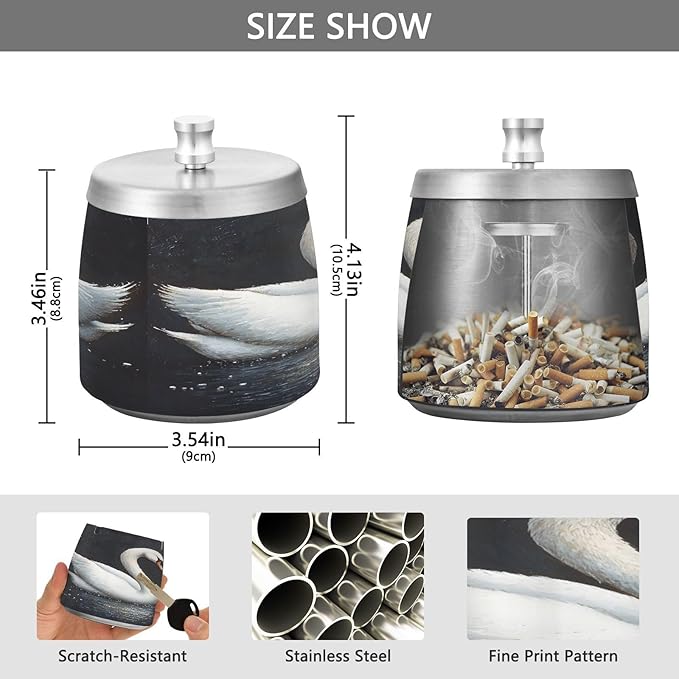 Swans Ashtray with Lid, Outdoor Ashtrays for Patio, Stainless Steel Ashtray Odorless Smokeless for Home Office Balcony