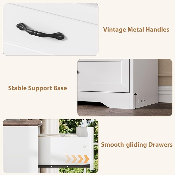 GAOMON Farmhouse 6 Double Drawers Dresser for Bedroom, 47.2''Wide Chest of Drawer, Wooden Horizontal Dresser with Metal Handle and Stable Base, Modern Cabinet for Bedroom, Living Room, White and Brown