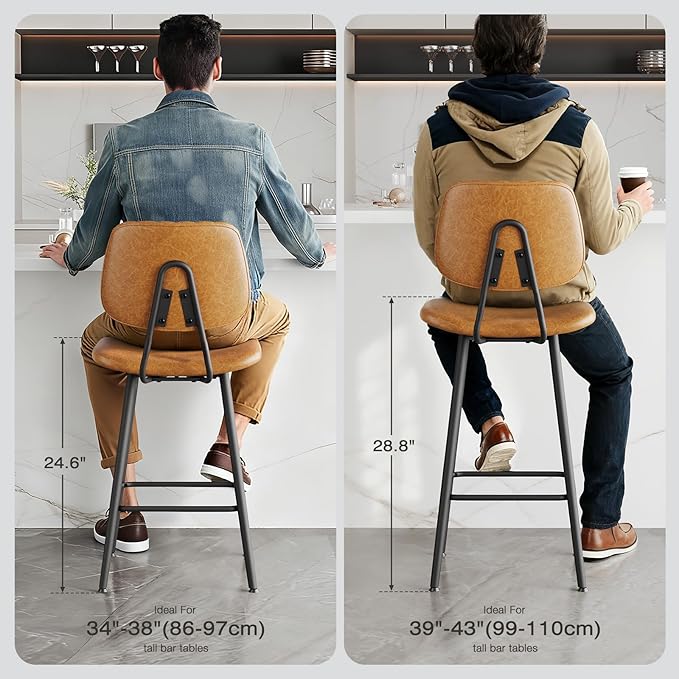 29-Inch Leather Bar Stools Set of 2, Counter Height Barstools with High Backrest，Bar Chairs for Kitchen Island with Heavy Duty Metal Legs, Brown
