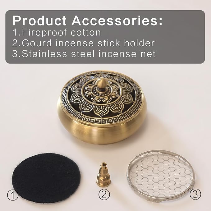 Brass Incense Burner Bowl, Lotus Shape, with Stick Holder & Incense net &Fire Cotton Incense Holder Cone Coil Incense Burner Ash Catcher with Lid for Indoor Office Décor, Handicraft Gifts,Censer