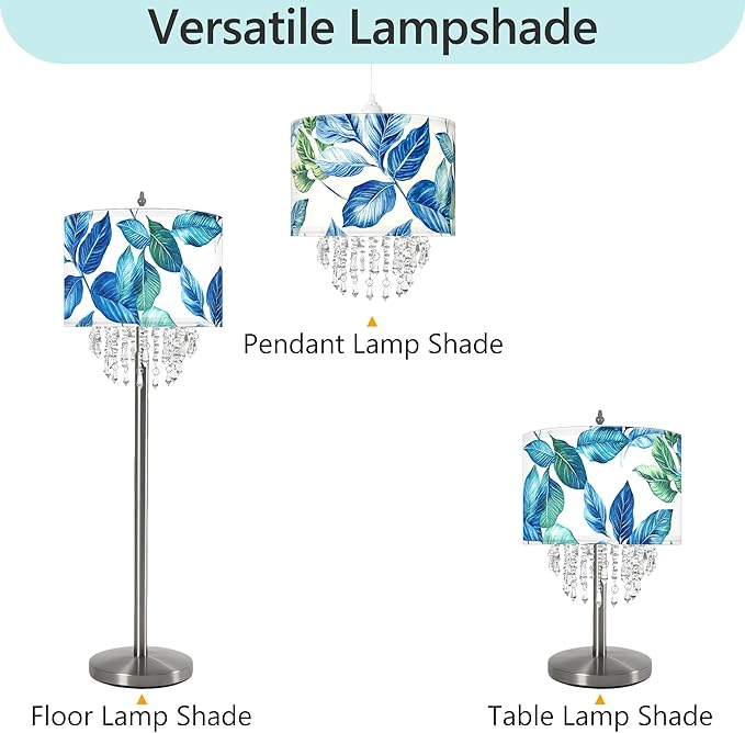 Blue Leaf Tropical Leaf Lamp Shade with Acrylic Bead Droplets, Drum Fabric Light Shade for Ceiling Pendant Table or Floor Lamps, Botanical Nature Home Decor, 11.8in