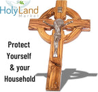 Holy Land Market 6" Celtic Olive Wood Wall Crucifix – Handmade in Bethlehem with Metal Saint Benedict Medal (Front & Back), Certificate, Prayer Card & Medal Explanation – Solid Olive Wood Cross