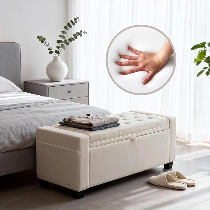 Storage Ottoman Bench for Bedroom & End of Bed Seating, Upholstered Tufted Linen Bench with Hidden Storage & Safety Hinge, 43 Inch, 350 lb Weight Capacity, Linen Beige
