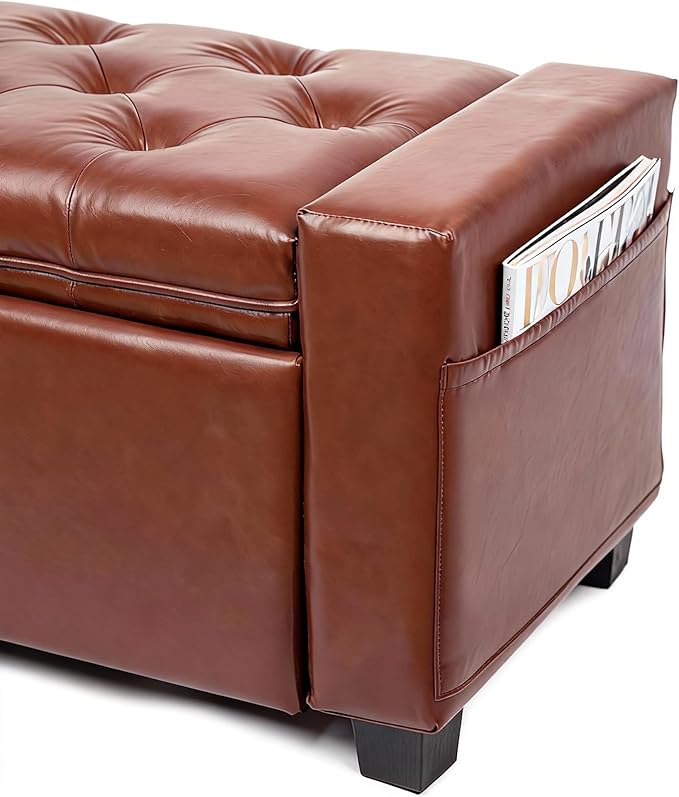 43.31'' Storage Ottoman Bench, Upholstered Tufted Bedroom Bench with Storage, End of Bed Storage Bench for Living Room & Entryway, 350 lb Capacity, Leather Brown