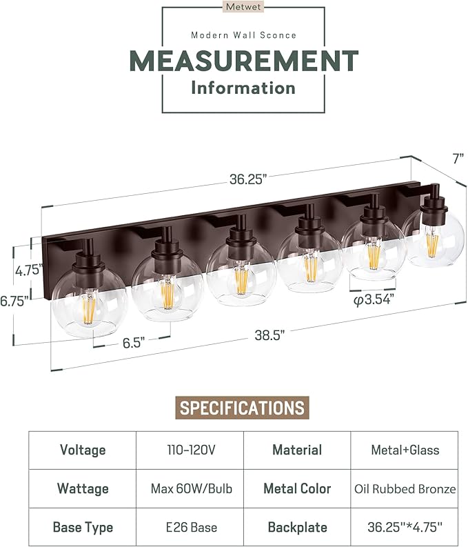 Oil Rubbed Bronze Bathroom Light Fixtures, 6-Light Bathroom Vanity Lights Over Mirror with Globe Clear Glass Shade, 38 Inch Modern Sconces Wall Lighting, VL195-ORB-6