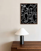 Abstract Face Pattern Wall Art Black Background White Continuous Line Drawing 8x10 Inch Oak Wood Walnut Framed Modern Diverse Portrait for Living Room Decor