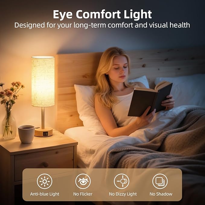 Bedside Table Lamp, High-Sensitivity Touch, 3-Level Dimmable Nightstand Lamp with AC Outlet | USB | and USB-C, Ideal Desk Lamp for Bedside, Bedroom, Reading, Living Room(LED Bulb) (Warm)