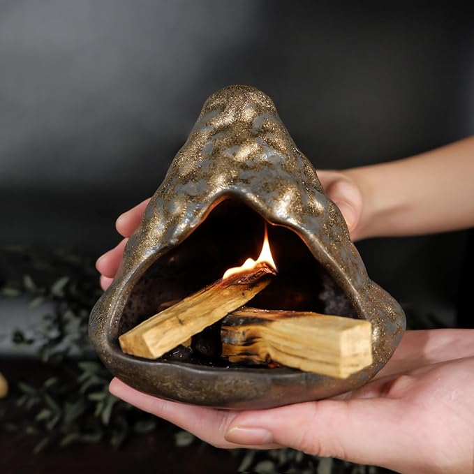 Black Gold Palo Santo Incense Burner-Unique Zongzi-Shaped Clay Smudge Bowl for Sage,Copal, and Stick Incense-Mini Chiminea for Zen Meditation,Yoga,Altar,Aromatherapy & Energy Cleansing Decor