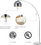 Teamson Home Arquer 68.1" Arc Floor Lamp for Living Rooms, Home Offices, Dining Rooms, Bedrooms with Faux White Marble Base and Chrome Bell Shade
