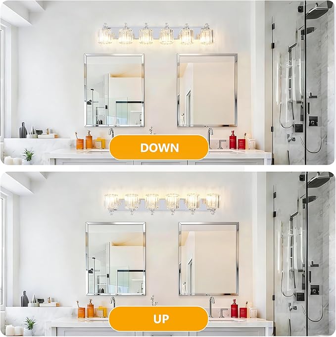 6-Light Modern Bathroom Light Fixture Chrome Vanity Lights Over Mirror Wall Sconce Lighting with K9 Crystal Shades Bathroom Wall Lamp E26 Base for Bedroom, Living Room, Hallway