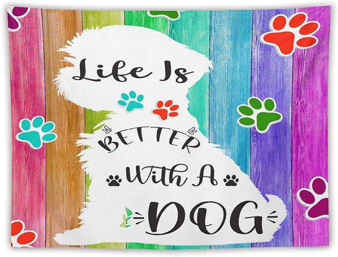VUMIVI Cute Dog Tapestry Rainbow Color Planks Rustic Farmhouse Home Decor Pet Paws Tapestry Wall Hanging for Living Room Bedroom Dorm Classroom Aesthetic Decor W80xL60in