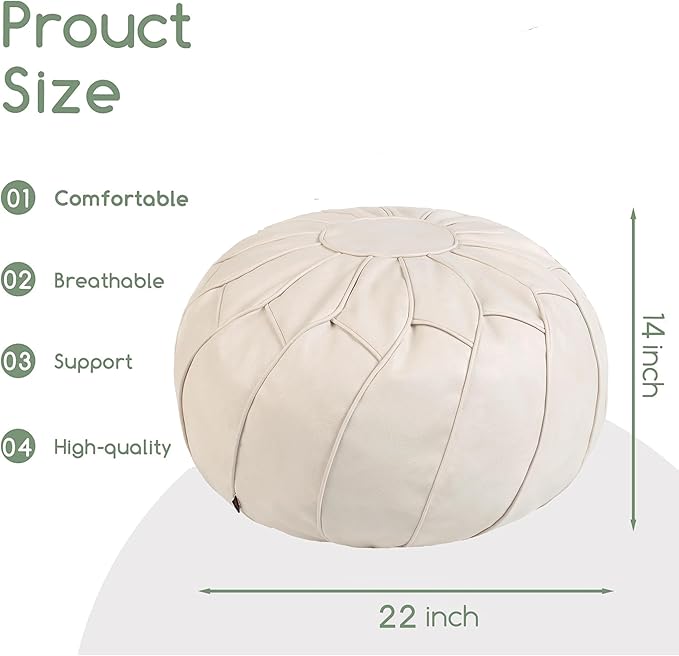 Thgonwid Round Unstuffed Pouf Cover, Leather Foot Stool Ottoman with Storage, Bean Bag Floor Chair, Multi Functional Footrest for Living Room, Bedroom or Balcony (Ivory)