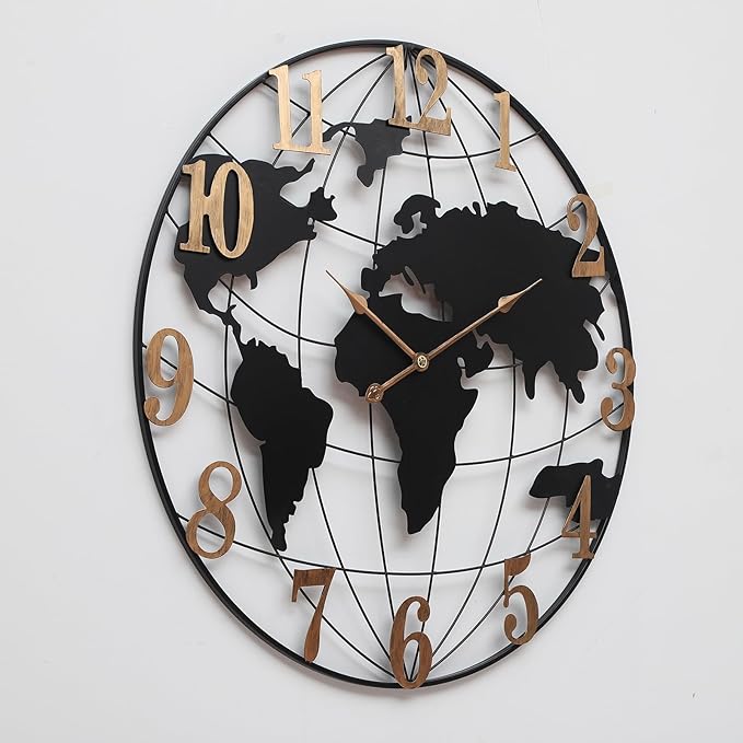 World Map Wall Clock, Black and Gold Vintage Luxury with Metal Frame, Retro Geographic Art for Living Room, Study, Travel Theme Decor, 32 Inch
