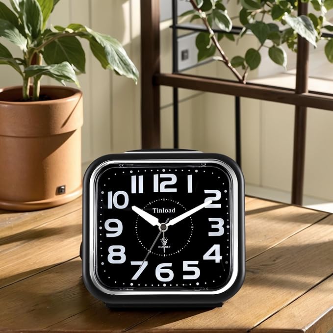 5.5" Large Analog Alarm Clock Silent Non Ticking, Gentle Wake, Beep Sounds, Increasing Volume, Battery Operated Snooze and Manual Light, Easy Set, Black (Best for Elder)