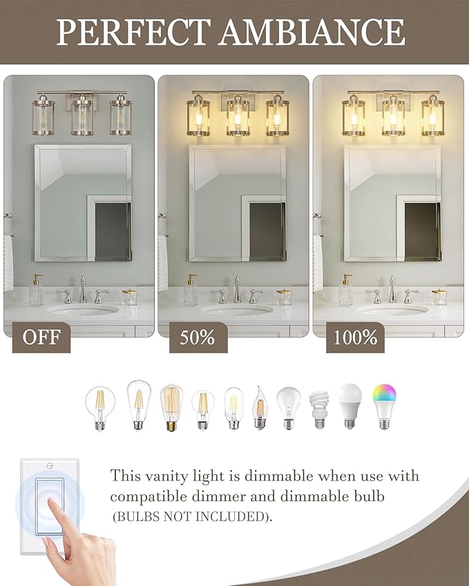 3-Light Brushed Nickel Bathroom Light Fixtures, 21 Inch Modern Bathroom Vanity Lighting Fixtures Over Mirror with Clear Glass and Metal Cage Wall Sconce Lights for Bath, E26, OS-3014BN-3W