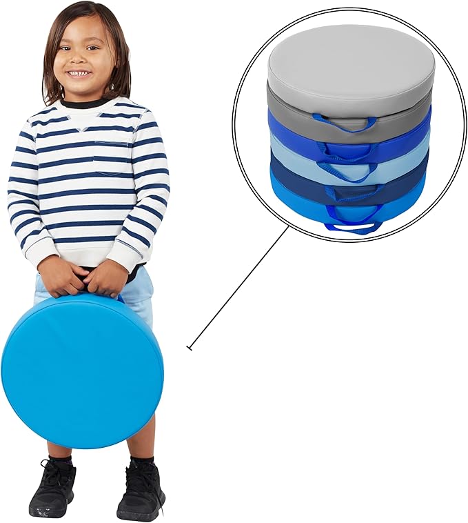 Factory Direct Partners SoftScape 15 inch Round Classroom Floor Cushions with Handles; Flexible Seating for Daycare, Preschool, Playroom; 2 inch Thick Deluxe Foam (6-Piece) - Navy/Powder Blue, 11232