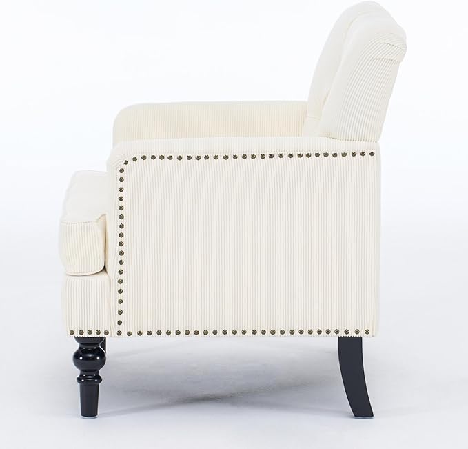 KEIKI Tufted Upholstered Accent Chair for Bedroom and Living Room, Button Tufted Club Chair with Corduroy Fabric, Fixed High Backrest, Rolled Arms and Studded Trim, Mid-Century Modern Reading Chair