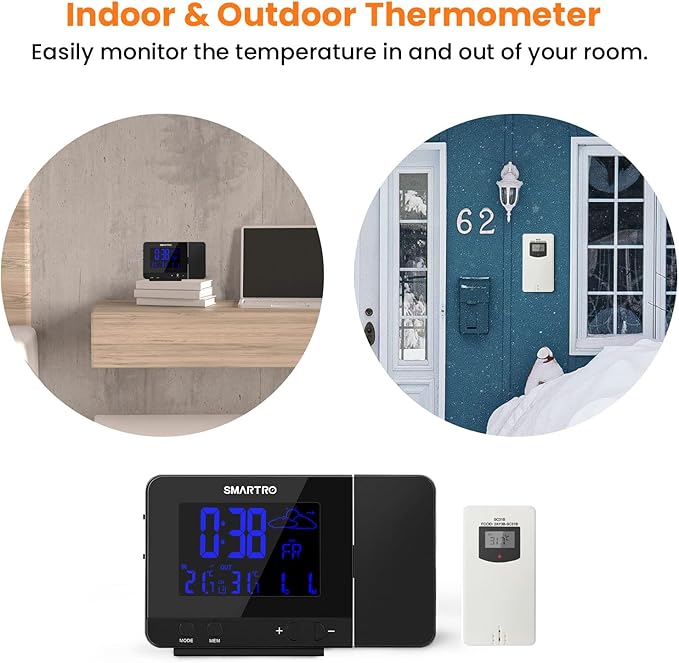 SMARTRO SC31B Digital Projection Alarm Clock with Weather Station, Indoor Outdoor Thermometer for Bedrooms, USB Charger, AC Battery Operated
