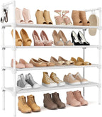 4 Tier Shoe Rack for Closet Shoe Organizer with 5 Hooks, Long Shoe Shelf Storage for Shoe and Boot Stackable Free Standing Shoe Rack for Entryway, Garage, Small Spaces, Dorm, White