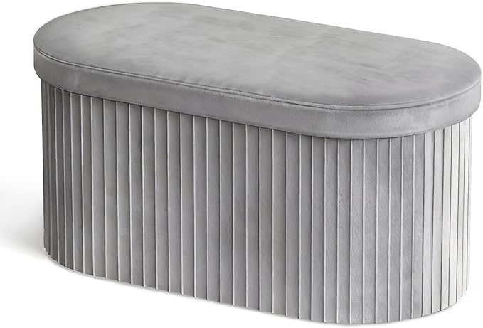 GLAXYFUR Oval Storage Ottoman Bench, Velvet Foot Rest, 30 Inch Folding Chest for Living Room, Bedroom, Grey