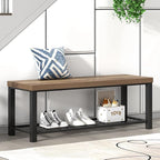FOLUBAN Entryway Bench, Industrial Wood and Metal Storage Bench with Metal Shelf, Indoor Shoe Rack Bench Seat for Living Room, Bedroom, Hallway, Entrance, Rustic Oak, 47 Inch