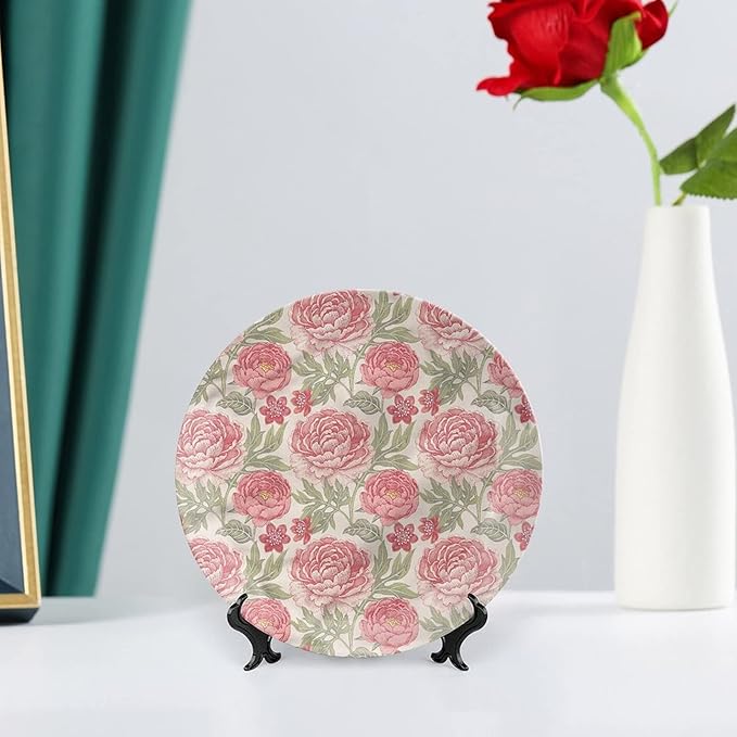 10 Inch Decorative Plate, Victorian Ceramic Plate, Romantic Peonies Botany Print Ornament Display Plate for Dining Table Setting, Wedding Reception Decorations, Christmas Tablescape, Muticolor
