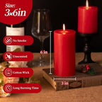KONNI Red Pillar Candles Set of 3, 3"x 6" Unscented Pillar Candles Bulk, 56 Hours Long Burning Candles, Smokeless and Dripless Large Round Candle for Wedding, Home Decoration, Parties, Spas, Dinner