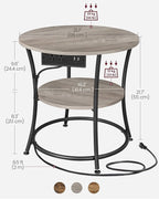 VASAGLE 21.7-Inch Round Side Table, 2-Tier End Table with Power Outlets, Nightstand with Steel Frame, Spacious Top, for Small Spaces, Living Room, Bedroom, Heather Greige and Ink Black ULET077L01