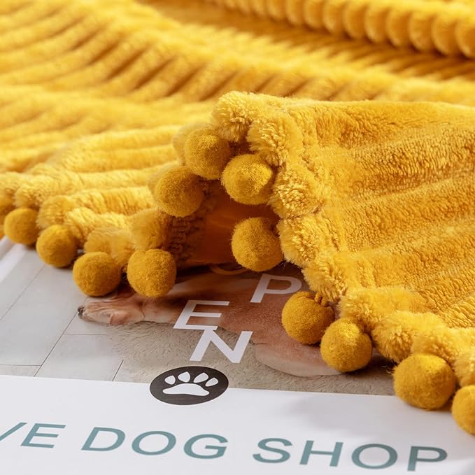 DISSA Fleece Blanket Queen Size – 71x80, Yellow - Soft, Plush, Fluffy, Fuzzy, Warm, Cozy – Perfect Throw for Couch, Bed, Sofa - with Pompom Fringe - Flannel Blanket